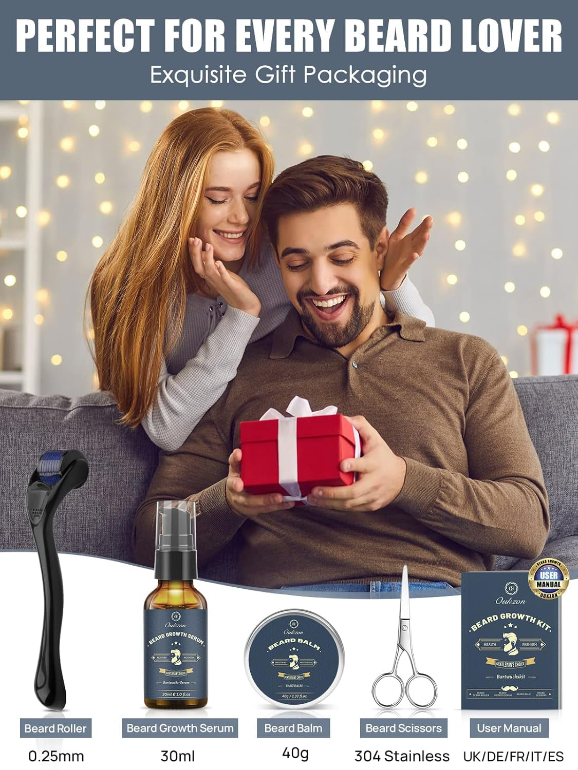 Beard Growth Kit, Oukzon Bart Wachstum Set - Bartwuchsmittel Männer Mit Bartroller 0,25Mm, Bartwuchs Bartöl, Bartbalsam, Bartschere, Bartwachstum Bartpflege Set, Vatertag Weihnachten Herren Geschenke