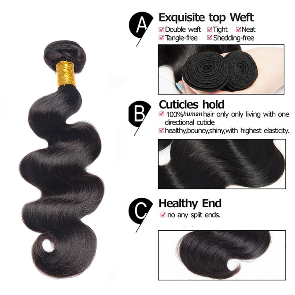 12 14 16 Zoll Body Wave Human Hair Bundles Brasilianisches Echthaar Schwarz Human Hair 3 Bundles Totale 300G Brazilian Unprocessed Virgin Hair Extensions Echthaar #1B Natural Color Bundles