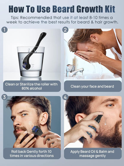 Beard Growth Kit, Oukzon Bart Wachstum Set - Bartwuchsmittel Männer Mit Bartroller 0,25Mm, Bartwuchs Bartöl, Bartbalsam, Bartschere, Bartwachstum Bartpflege Set, Vatertag Weihnachten Herren Geschenke