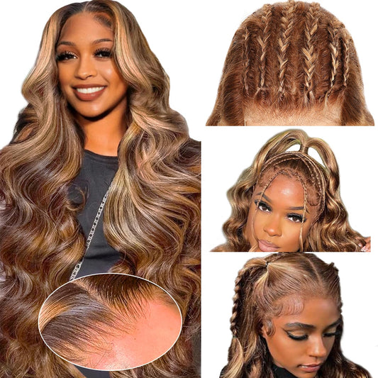 20 Zoll Perücke Damen Echthaar 13X4 Lace Front Wig Human Hair Echthaar Perücke Highlight Ombre 4/27 Body Wave Wig Human Hair 180% Density Blonde Perücke Damen Human Hair Wig (50Cm)