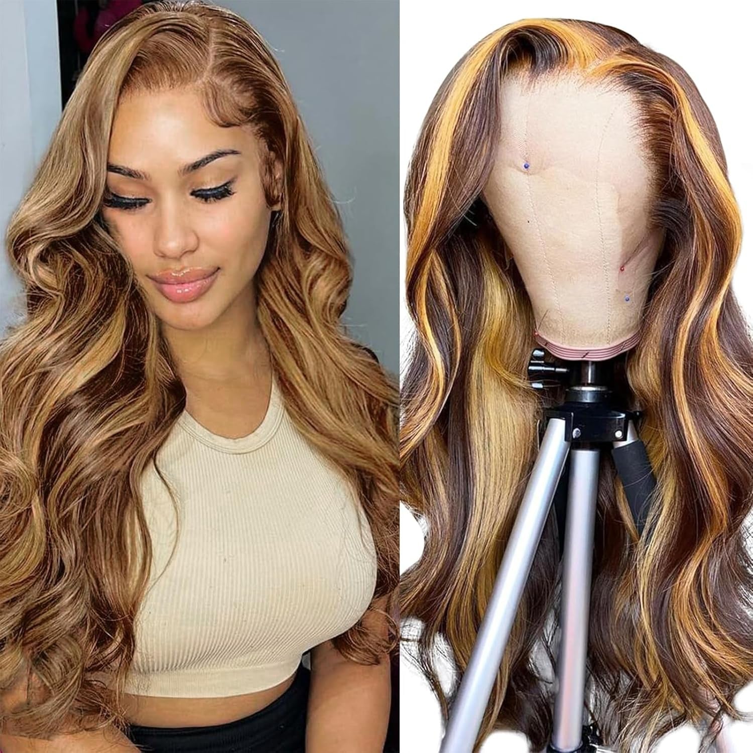 20 Zoll Perücke Damen Echthaar 13X4 Lace Front Wig Human Hair Echthaar Perücke Highlight Ombre 4/27 Body Wave Wig Human Hair 180% Density Blonde Perücke Damen Human Hair Wig (50Cm)