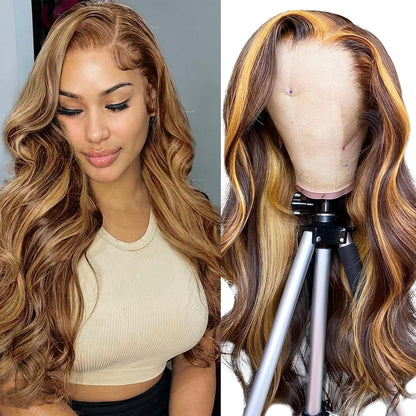 20 Zoll Perücke Damen Echthaar 13X4 Lace Front Wig Human Hair Echthaar Perücke Highlight Ombre 4/27 Body Wave Wig Human Hair 180% Density Blonde Perücke Damen Human Hair Wig (50Cm)