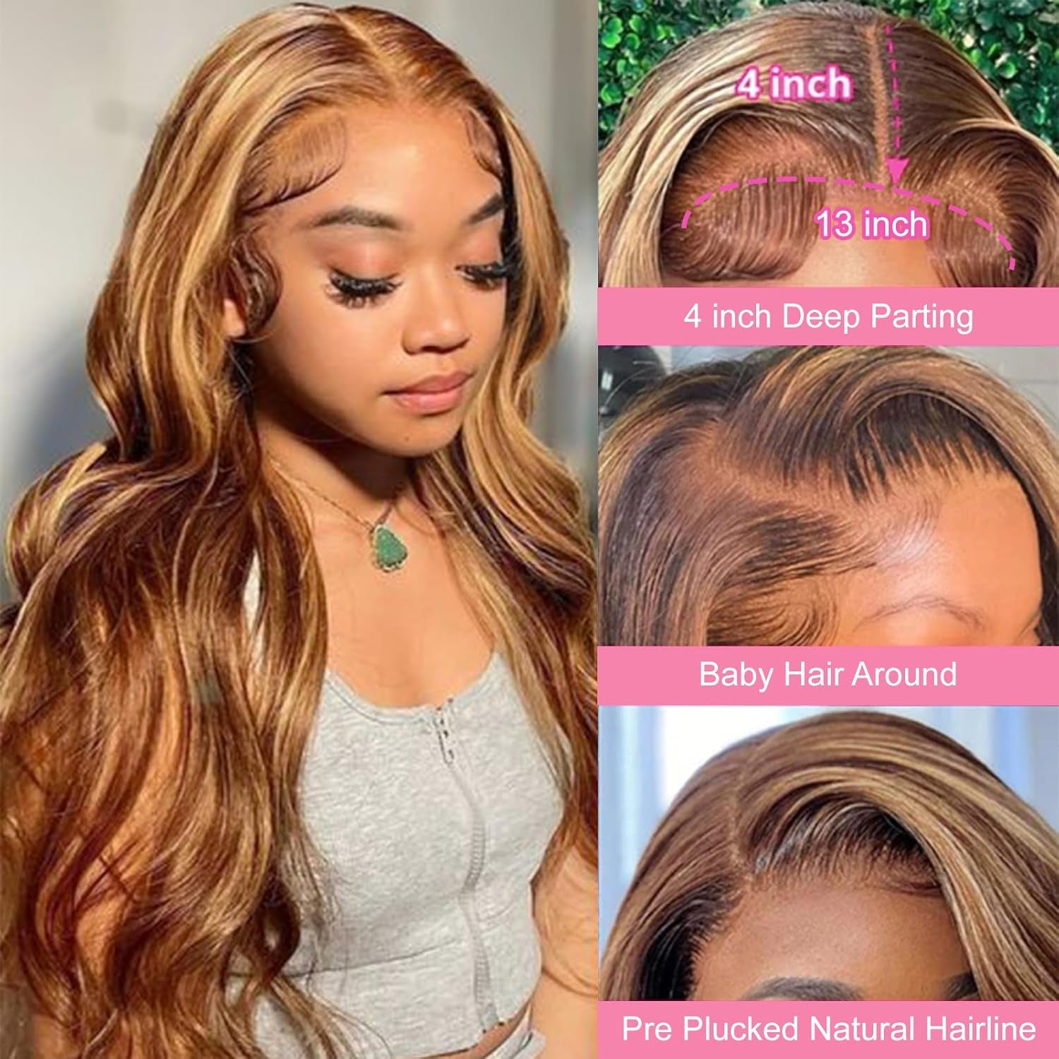 20 Zoll Perücke Damen Echthaar 13X4 Lace Front Wig Human Hair Echthaar Perücke Highlight Ombre 4/27 Body Wave Wig Human Hair 180% Density Blonde Perücke Damen Human Hair Wig (50Cm)